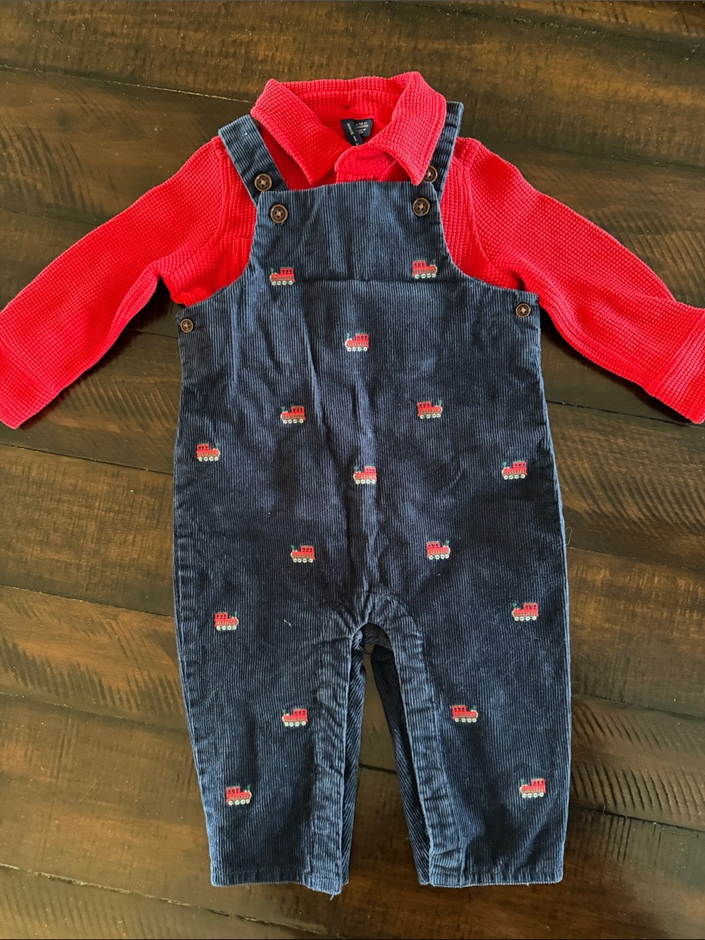 Toddler Navy Corduroy Overalls with Red Train and red shirt under